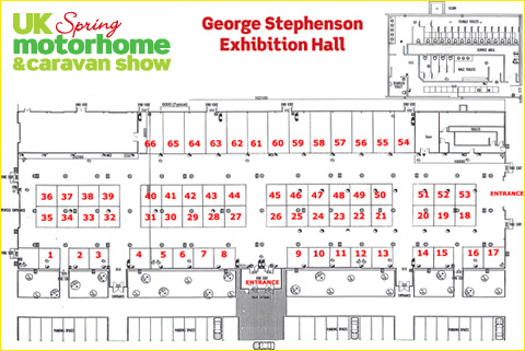 Indoor plan of trade stands at the UK Spring Motorhome & Caravan Show George Stephenson Exhibition Hall