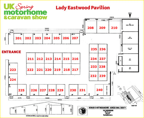 Indoor plan of trade stands at the UK Spring Motorhome & Caravan Show Lady Eastwood Exhibition Hall